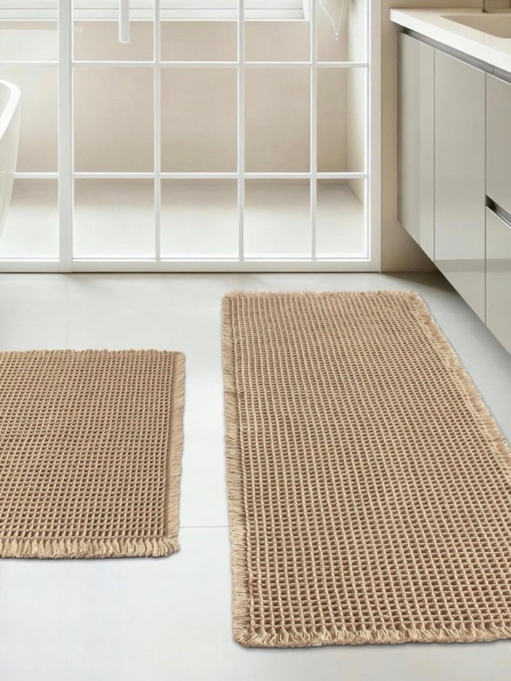 2-Piece Waffle Bath Mat Set Khaki 17x24 & 20x47 Non-Slip Absorbent Bath Rugs